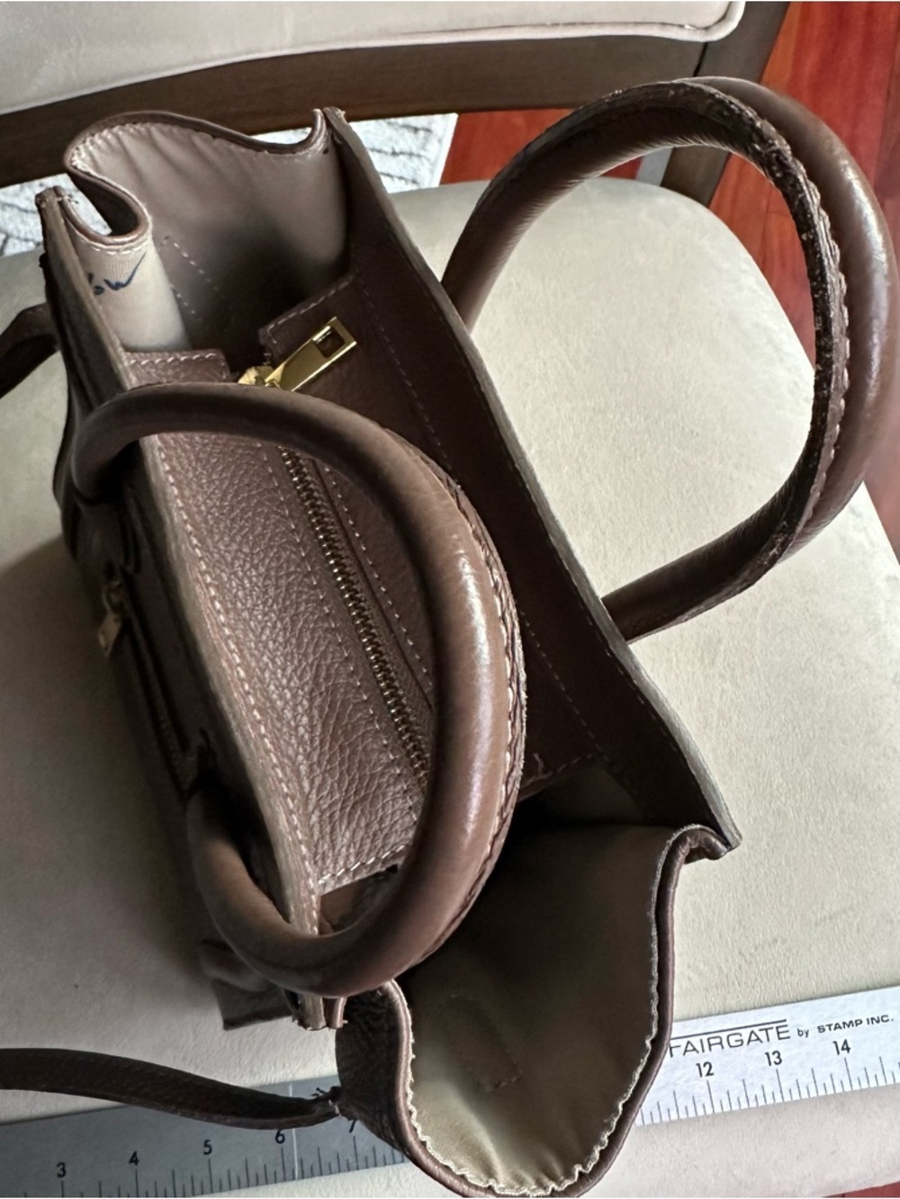 Genuine Leather Mini Satchel Taupe Brown | Crossbody Top Handle | Structured Bag - Picture 14 of 16